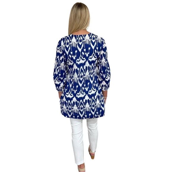 Liza Byrd Key Biscayne Blue Ikat Embroidered Tunic Size S $128 - Picture 2 of 8
